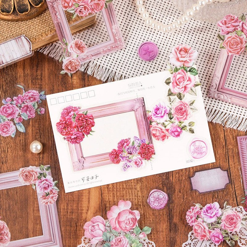 Pink floral PET stickers in a journal