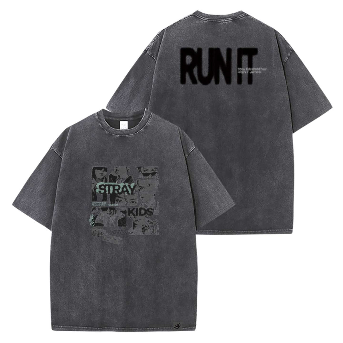 Stray Kids RUN IT tour t-shirt group style washed dark gray