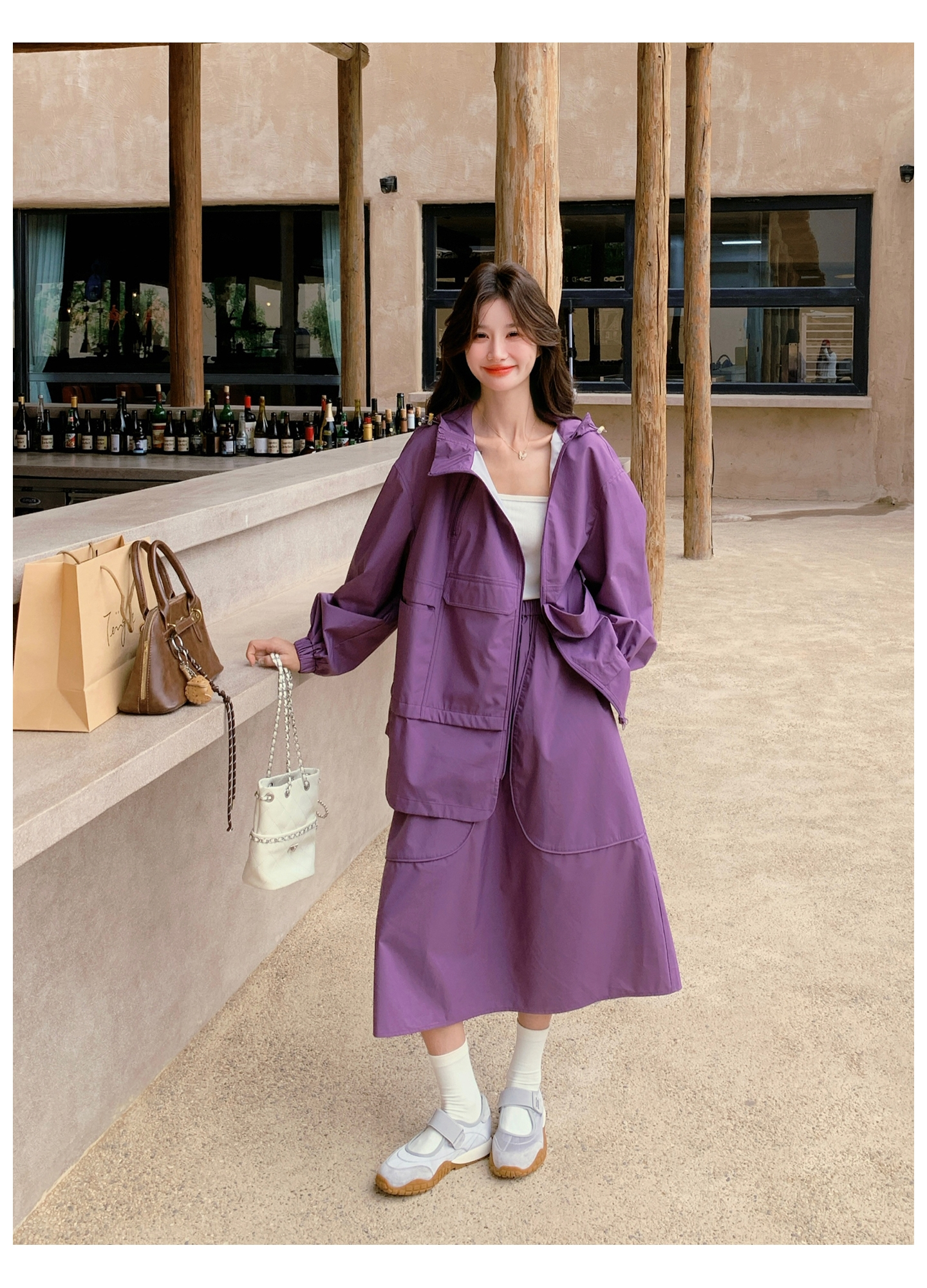 [PRE-ORDER] Purple Casual Workwear Hoodie + Skirt Two-Piece Set (2025 Spring/Autumn)