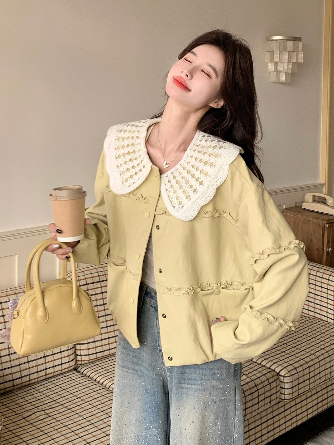[PRE-ORDER] Korean Yellow PU Leather Jacket | Doll Collar | Loose Fit