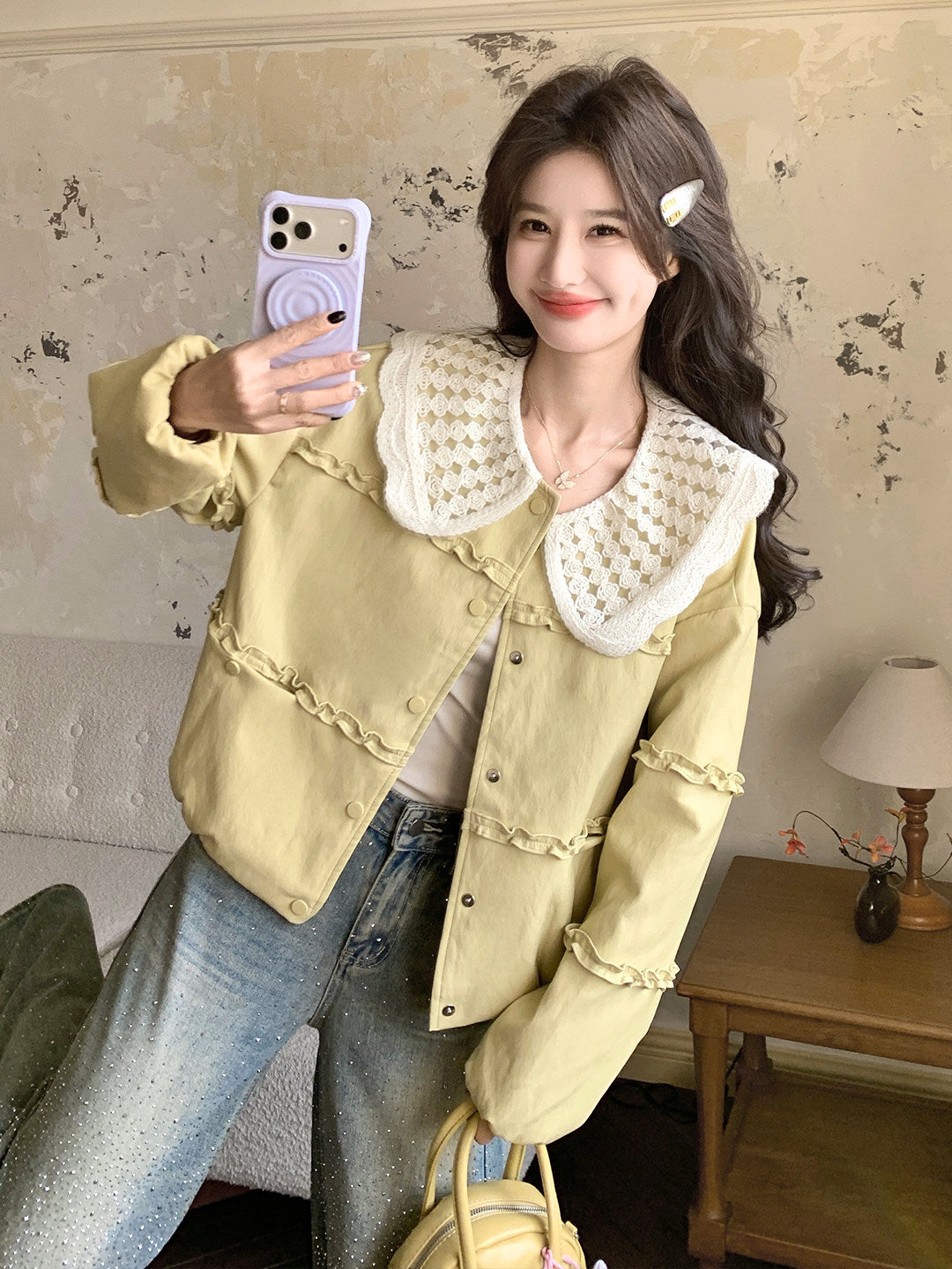 [PRE-ORDER] Korean Yellow PU Leather Jacket | Doll Collar | Loose Fit