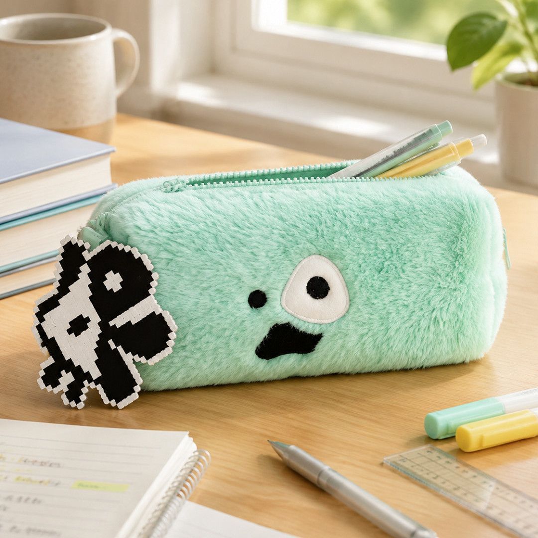 CORTIS plush pencil case on desk