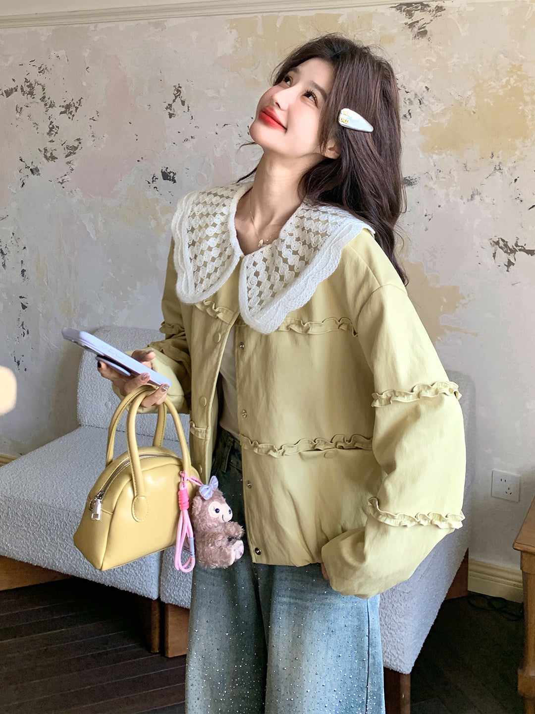 [PRE-ORDER] Korean Yellow PU Leather Jacket | Doll Collar | Loose Fit