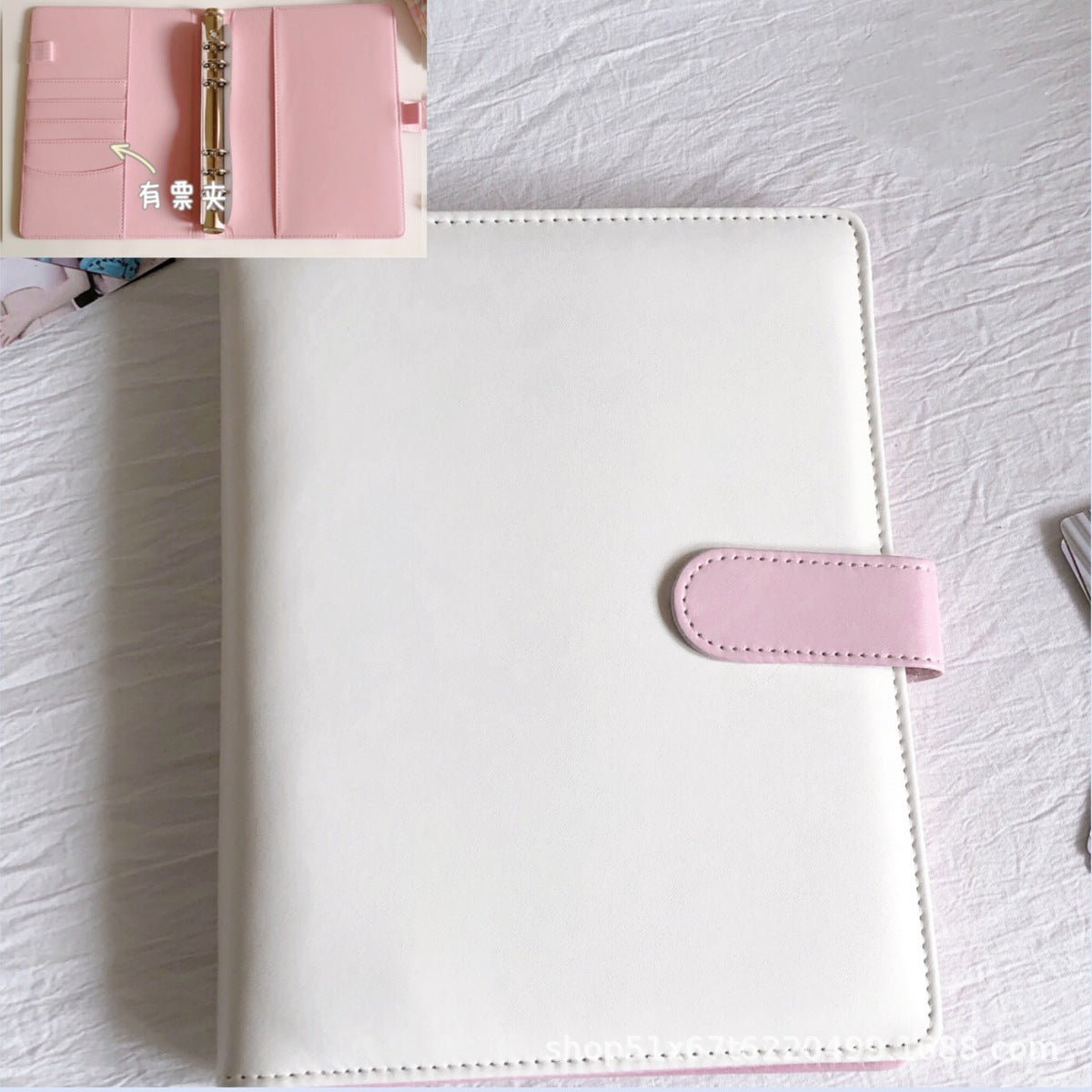 [Në Gjendje] A5 White Leather Binder | PINK Colored Magnetic Clasp