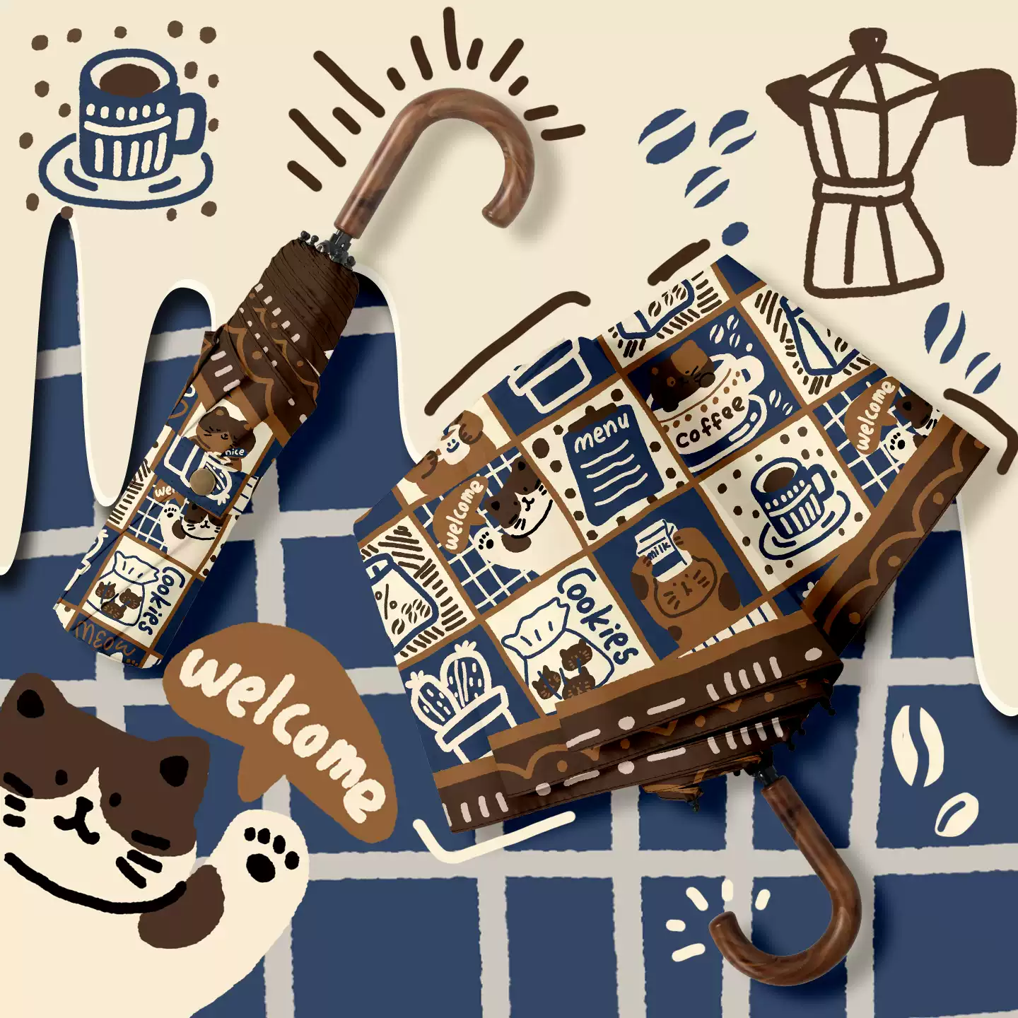 [PRE-ORDER] Cute Milk Coffee Cat Parasol – Dual Purpose Umbrella