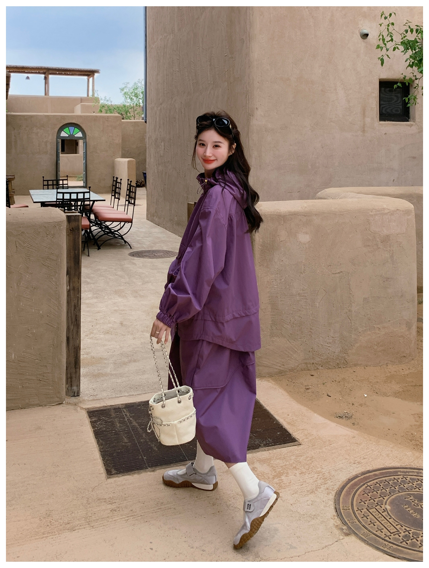 [PRE-ORDER] Purple Casual Workwear Hoodie + Skirt Two-Piece Set (2025 Spring/Autumn)