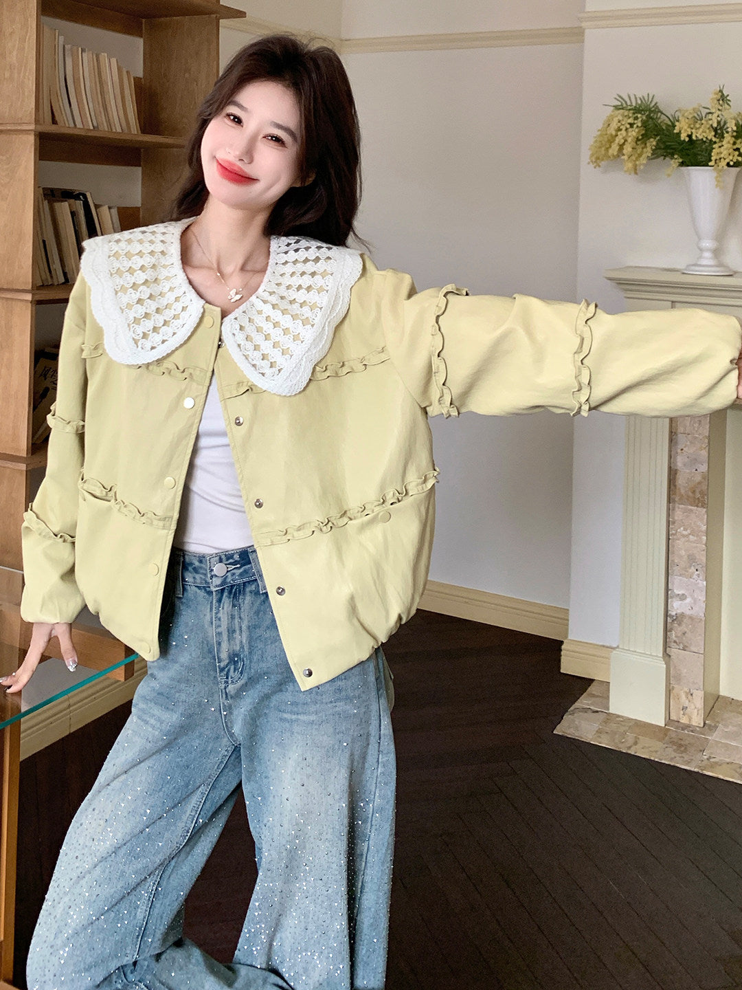 [PRE-ORDER] Korean Yellow PU Leather Jacket | Doll Collar | Loose Fit