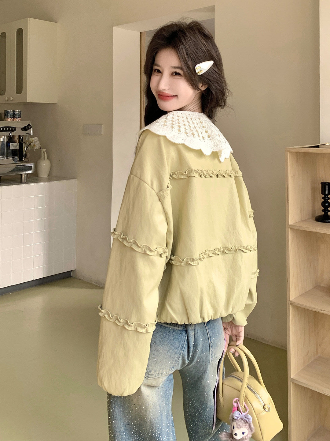 [PRE-ORDER] Korean Yellow PU Leather Jacket | Doll Collar | Loose Fit