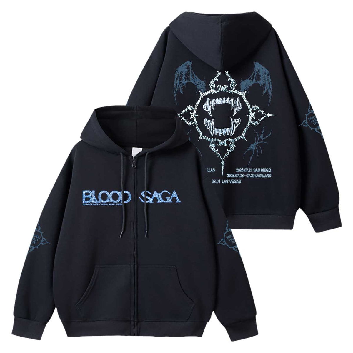 ENHYPEN BLOOD SAGA black zip-up hoodie with blue fangs emblem and tour dates