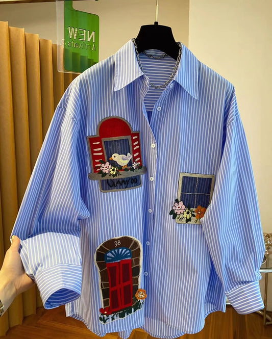 [PRE-ORDER] Loose-Fit Patch Embroidered Striped Shirt