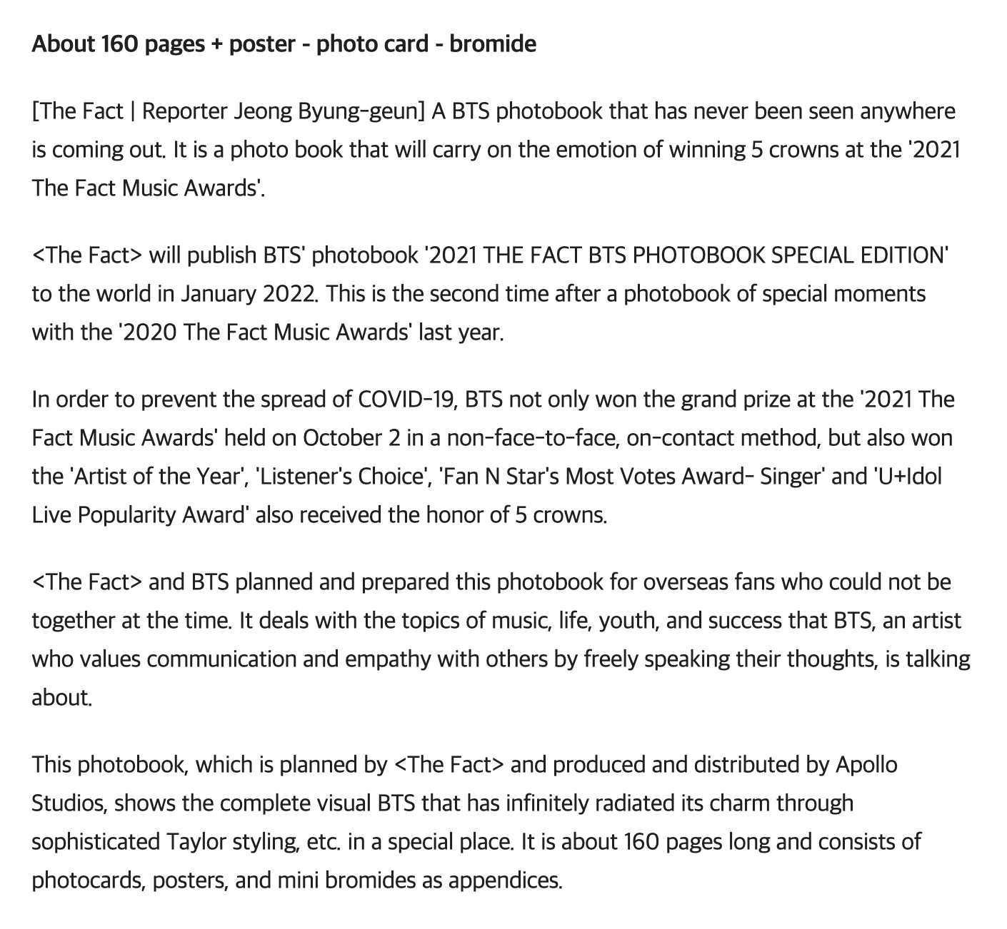 [PRE-ORDER] BTS OFFICIAL 'The Fact' Photobook Special Edition