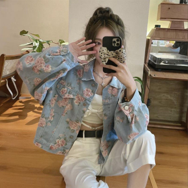 [PRE-ORDER] Pink Roses Korean Style Denim Jacket