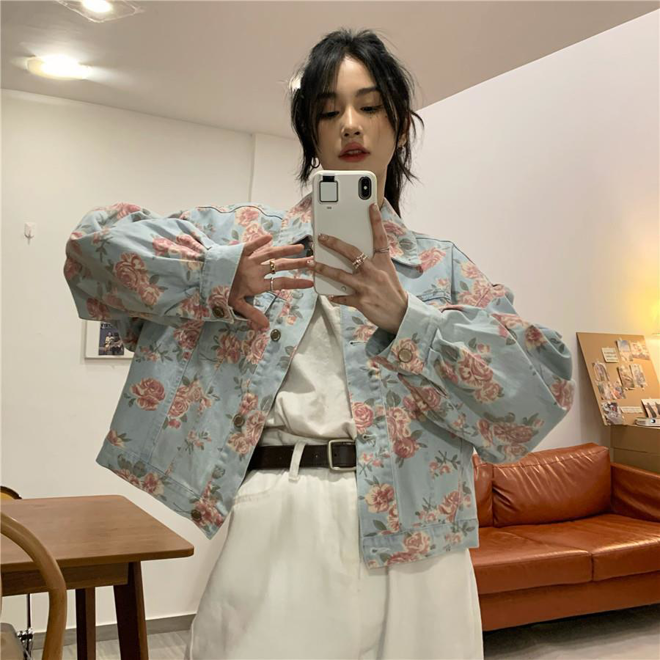 [PRE-ORDER] Pink Roses Korean Style Denim Jacket