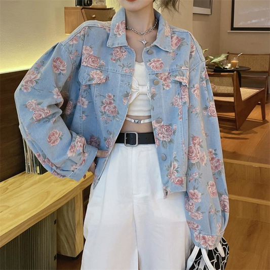 [PRE-ORDER] Pink Roses Korean Style Denim Jacket