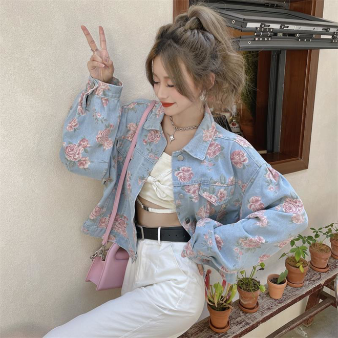 [PRE-ORDER] Pink Roses Korean Style Denim Jacket