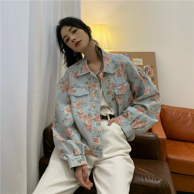 [PRE-ORDER] Pink Roses Korean Style Denim Jacket