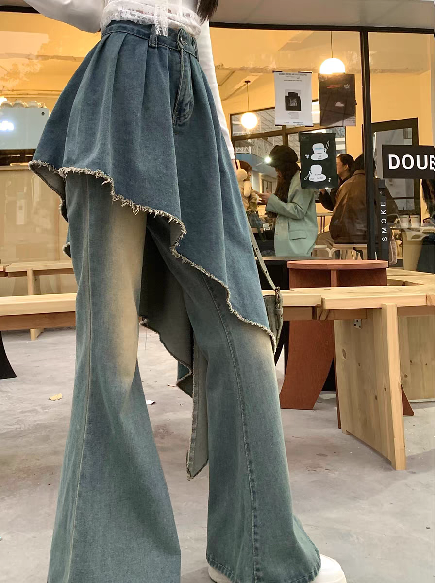 [PRE-ORDER] Korean Retro High-Waist Layered Denim Flared Pants