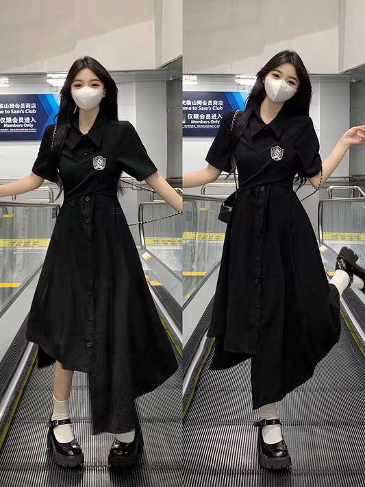 [PRE-ORDER] Black Korean College-Style Asymmetric Polo Dress