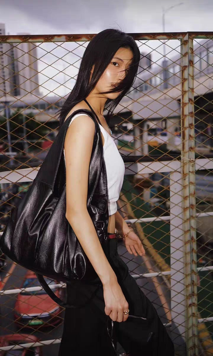 [PRE-ORDER] Sunset Wanderer Large Tote Bag | Black PU Leather