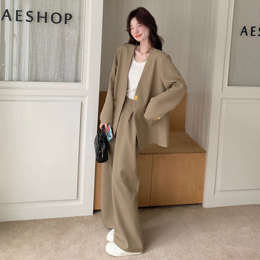 [PRE-ORDER] Khaki Vintage Suit Set | Wide-Leg Two-Piece