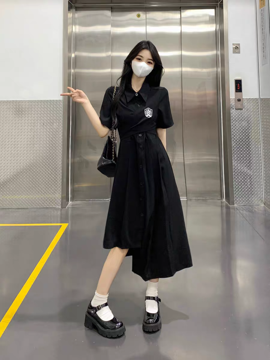 [PRE-ORDER] Black Korean College-Style Asymmetric Polo Dress