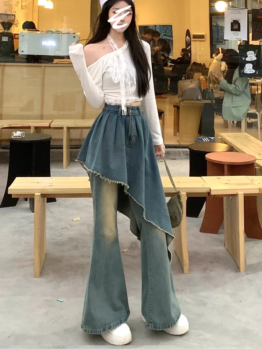 [PRE-ORDER] Korean Retro High-Waist Layered Denim Flared Pants