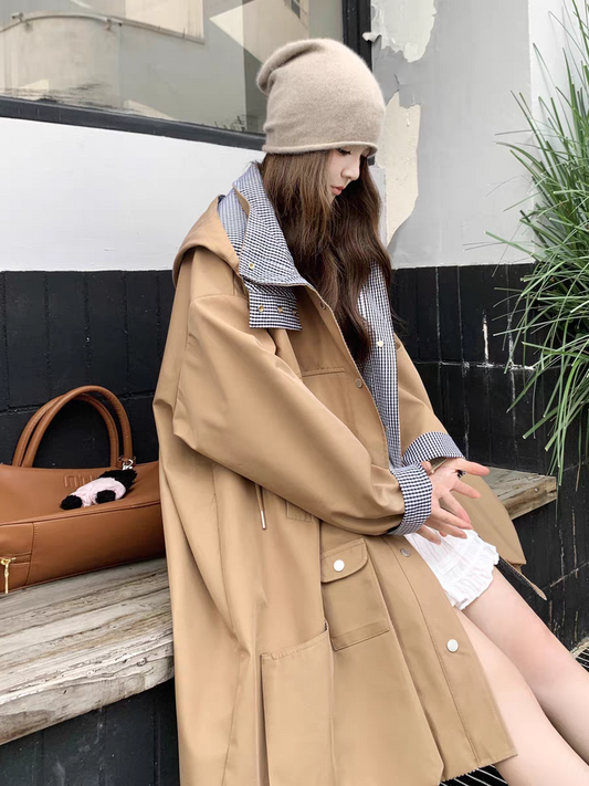 [PRE-ORDER] [PRE-ORDER] Khaki Hooded Plaid Patchwork Windbreaker — Korean Style