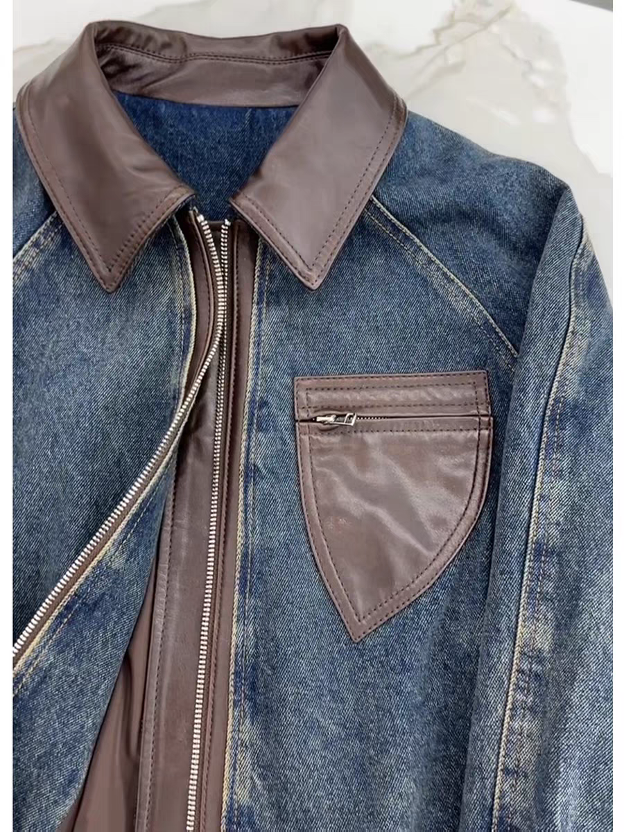 [PRE-ORDER] High-End Retro Blue Leather Denim Jacket (Autumn/Winter 2025)