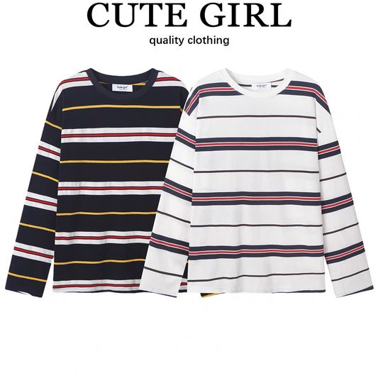 [PRE-ORDER] CuteGirl Korean Striped Long-Sleeved T-Shirt – Women’s Early Autumn Casual Loose Fit