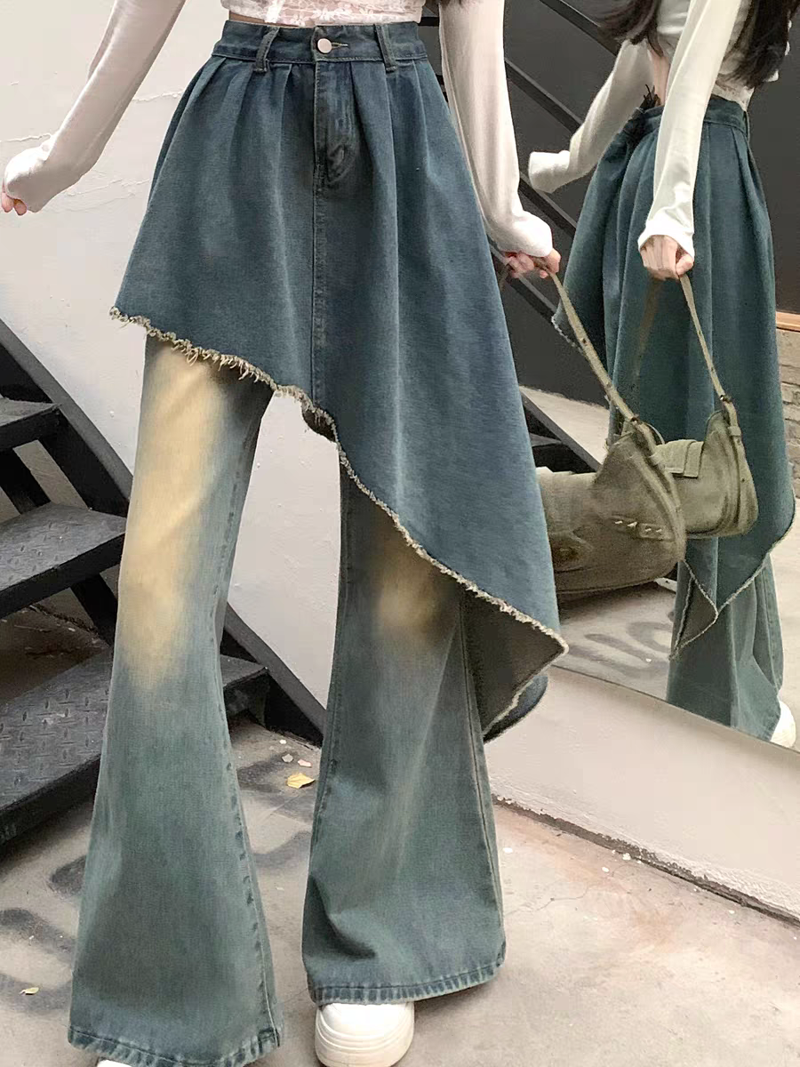 [PRE-ORDER] Korean Retro High-Waist Layered Denim Flared Pants