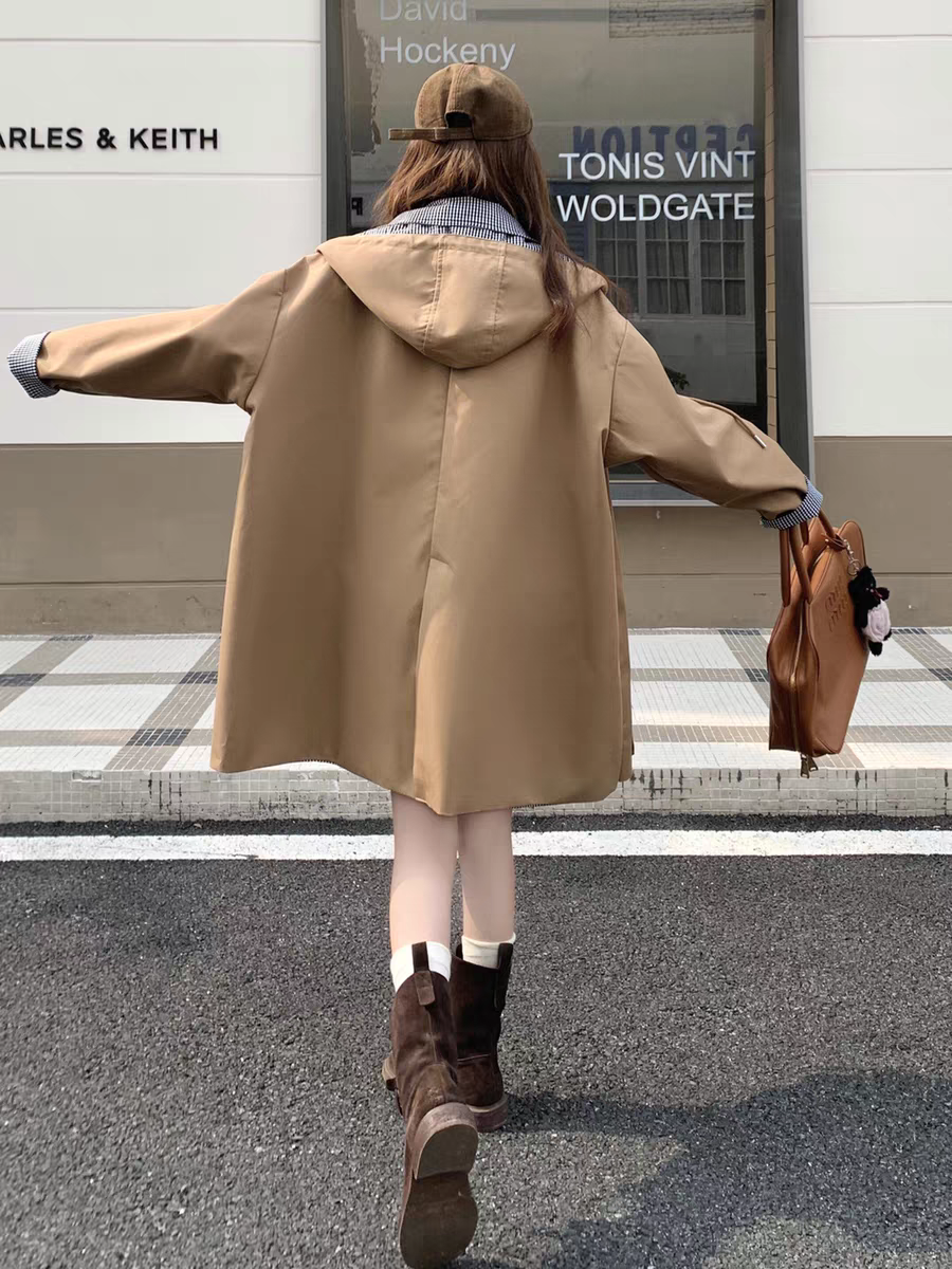 [PRE-ORDER] [PRE-ORDER] Khaki Hooded Plaid Patchwork Windbreaker — Korean Style