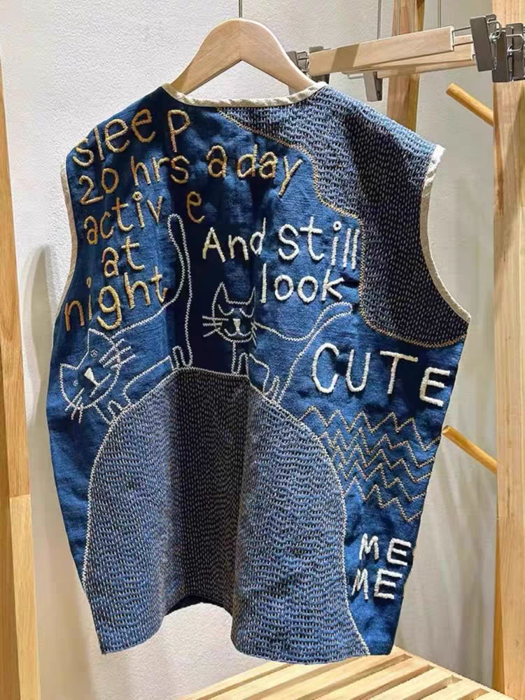 [PRE-ORDER] Vintage Blue Printed Linen Vest Top for Petite Women in Early Autumn