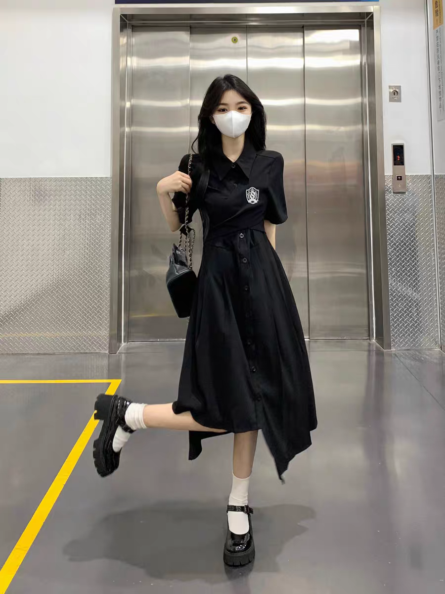 [PRE-ORDER] Black Korean College-Style Asymmetric Polo Dress