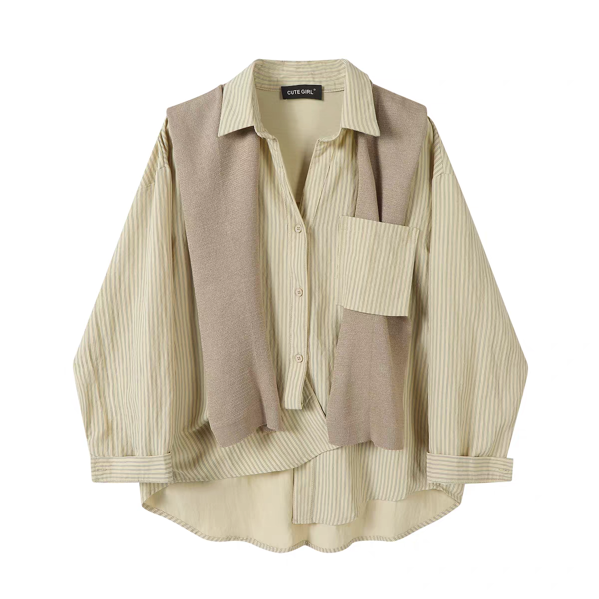 [PRE-ORDER] CuteGirl Striped Shawl Polo Collar Shirt – Women’s Early Autumn Casual Wear