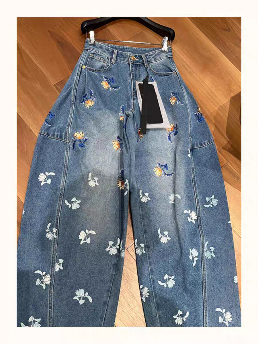 [PRE-ORDER] 2025 New Pear-Shaped Body Loose BF Lazy Style Blue Printed Wide-Leg Pants