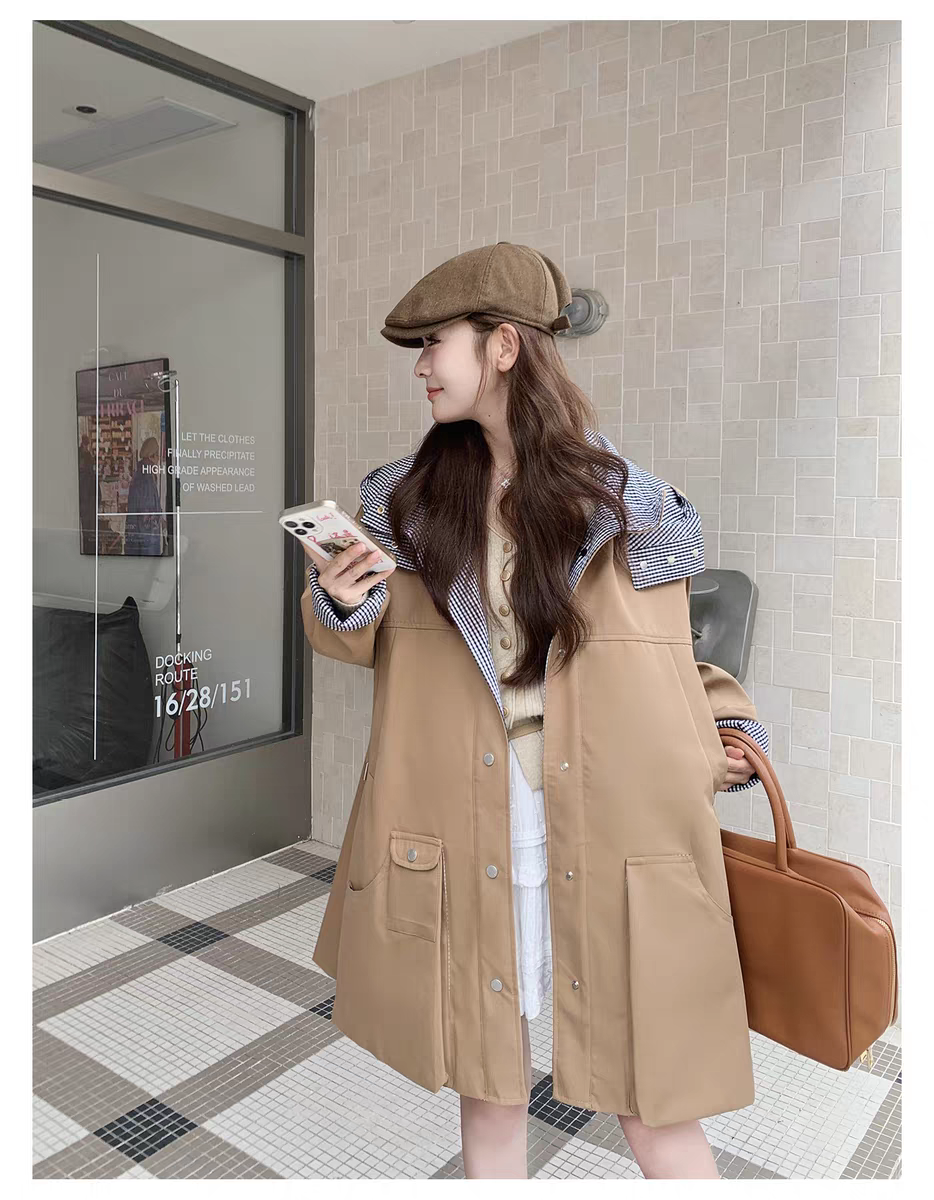 [PRE-ORDER] [PRE-ORDER] Khaki Hooded Plaid Patchwork Windbreaker — Korean Style