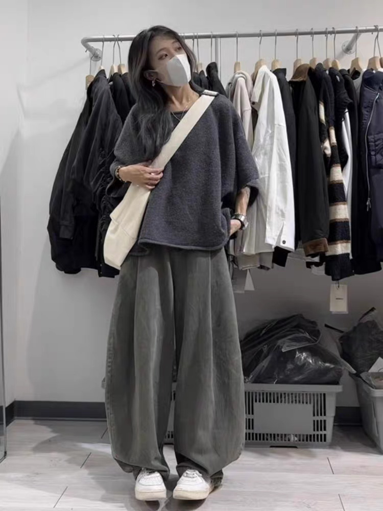 [PRE-ORDER] Korean Style High-End Relaxation Gray Knitted T-Shirt & Wide-Leg Pants Casual Suit Women Summer