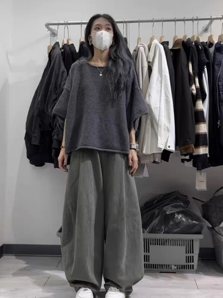 [PRE-ORDER] Korean Style High-End Relaxation Gray Knitted T-Shirt & Wide-Leg Pants Casual Suit Women Summer