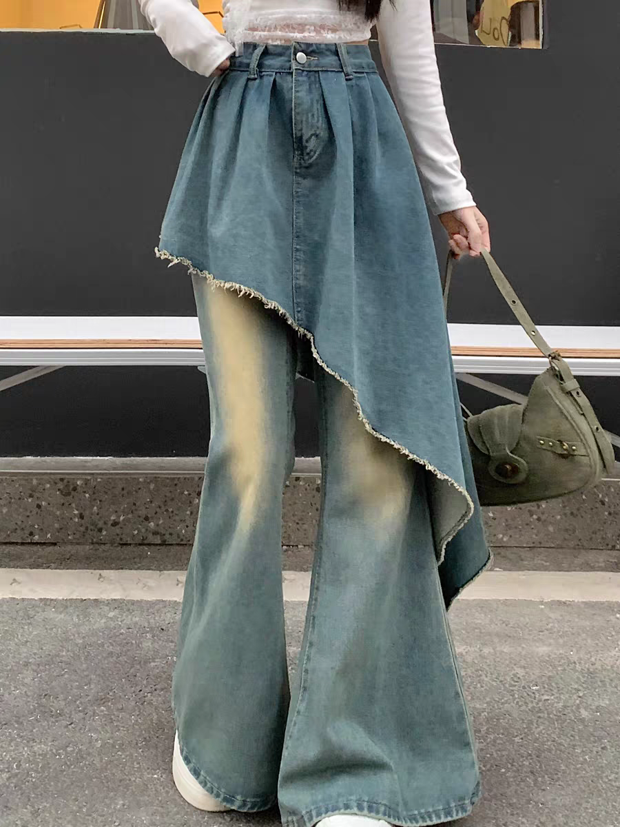 [PRE-ORDER] Korean Retro High-Waist Layered Denim Flared Pants