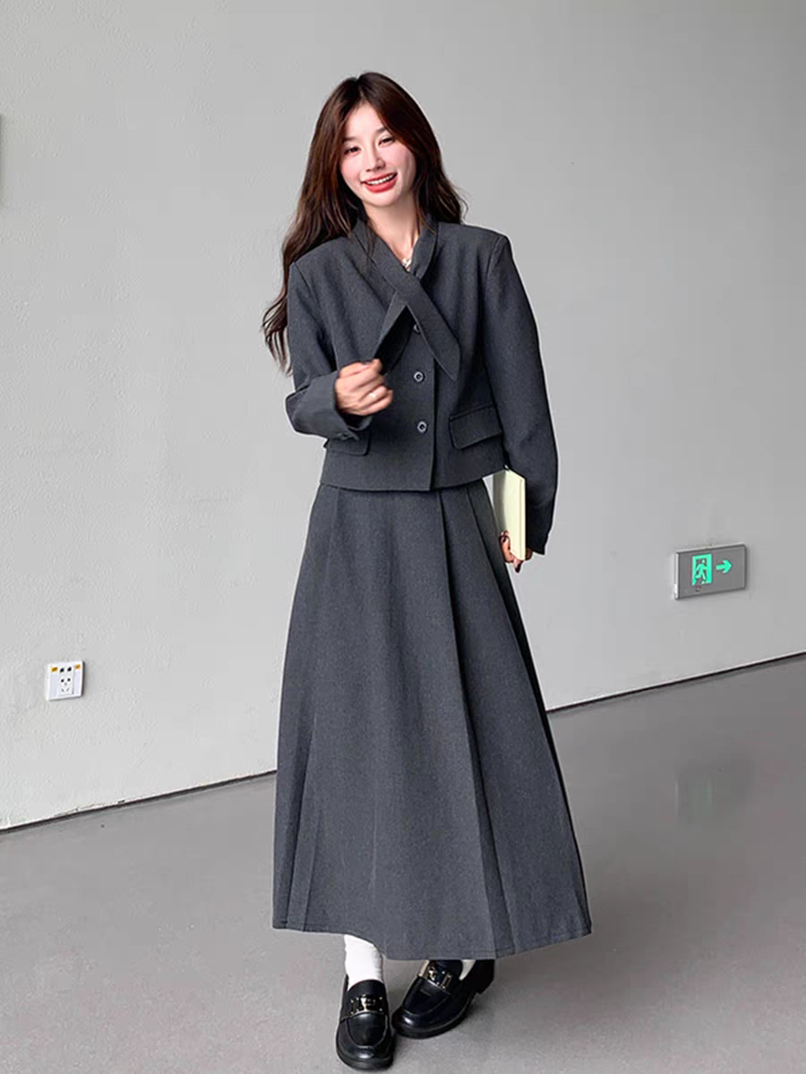 [PRE-ORDER] Dark Gray Bow Tie Two-Piece Suit — Jacket & Skirt Set (Spring & Autumn 2025)