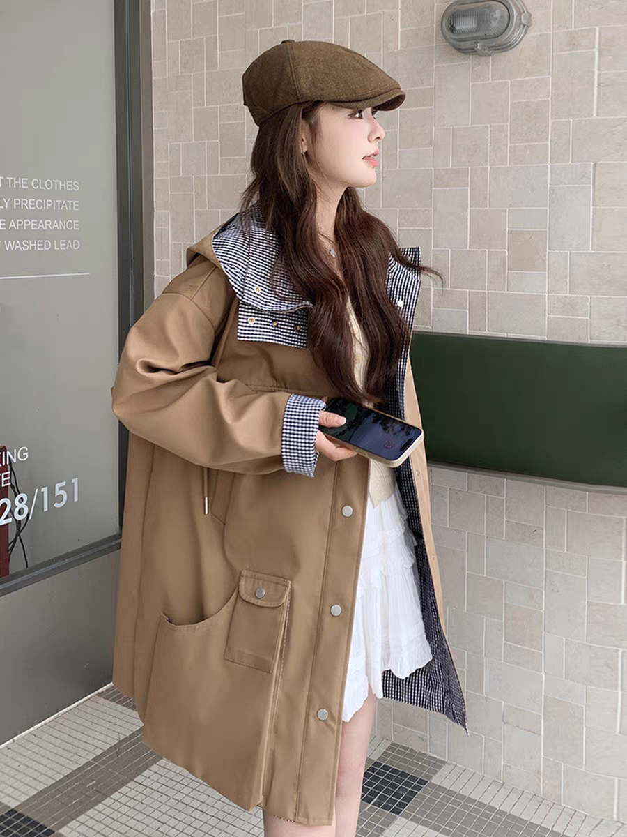 [PRE-ORDER] [PRE-ORDER] Khaki Hooded Plaid Patchwork Windbreaker — Korean Style