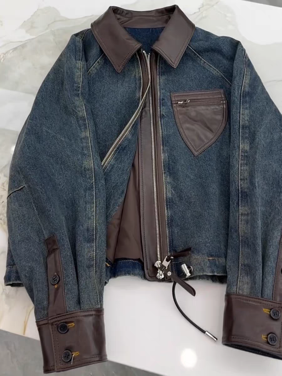 [PRE-ORDER] High-End Retro Blue Leather Denim Jacket (Autumn/Winter 2025)