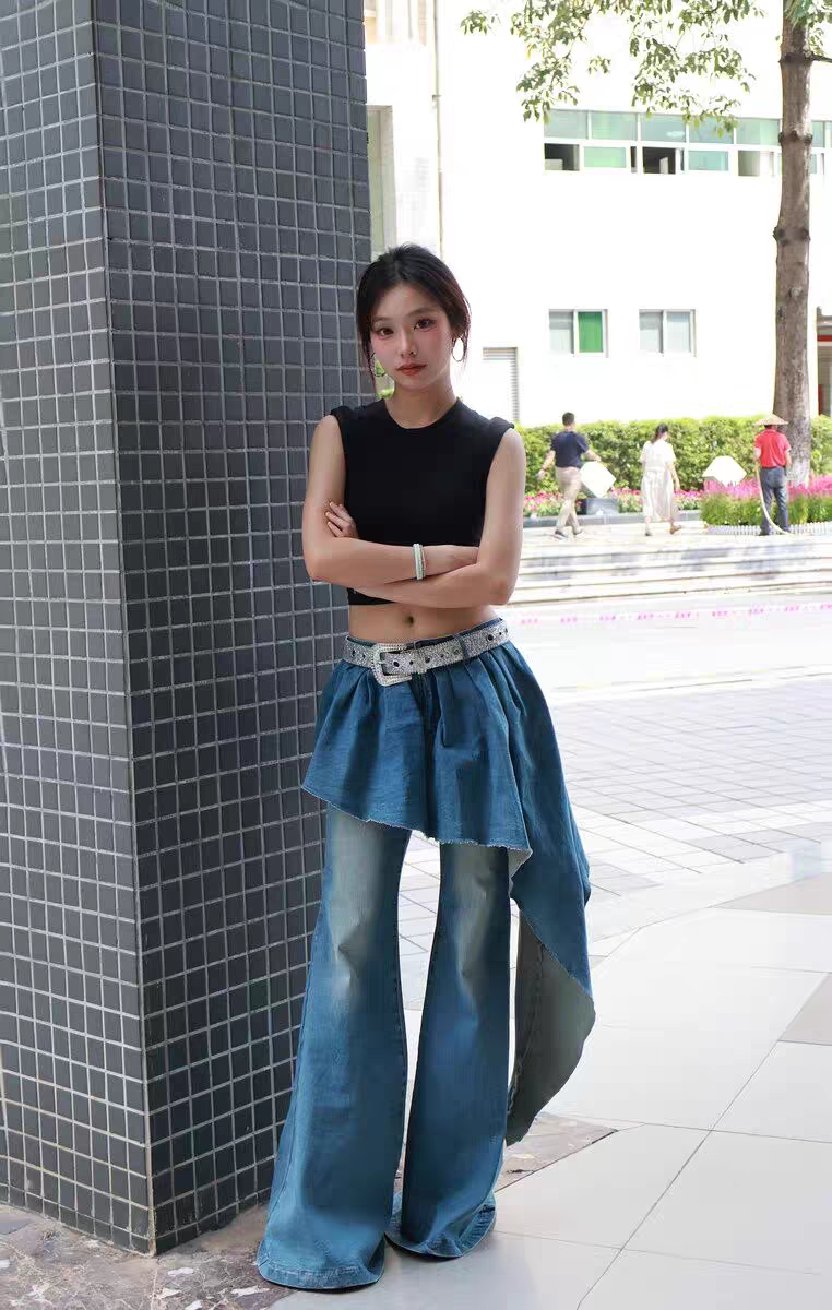 [PRE-ORDER] Korean Retro High-Waist Layered Denim Flared Pants