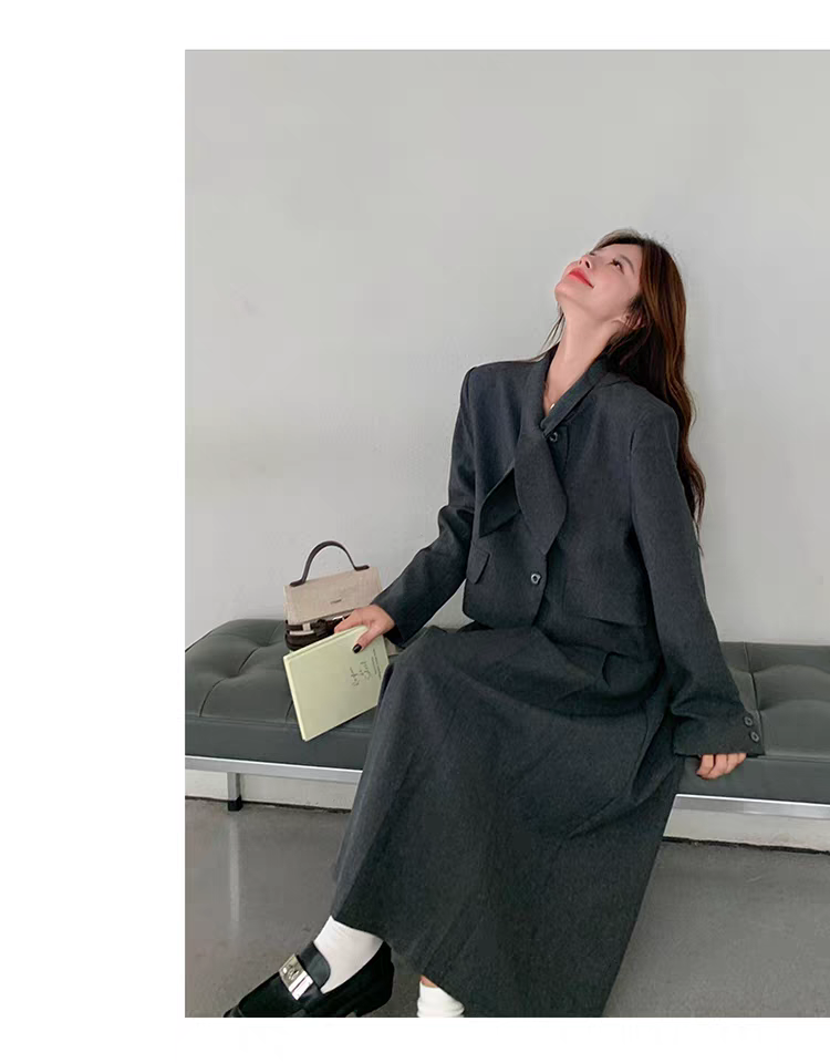 [PRE-ORDER] Dark Gray Bow Tie Two-Piece Suit — Jacket & Skirt Set (Spring & Autumn 2025)