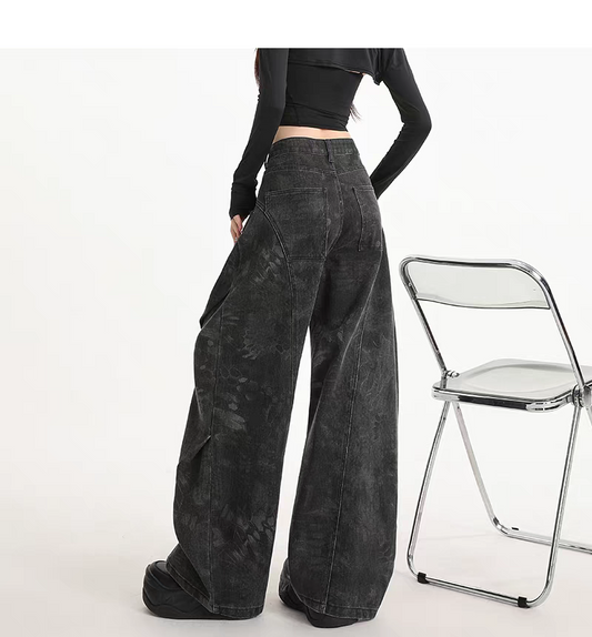 [PRE-ORDER] Women's Black Printed Cargo Jeans | Deconstructed Wide-Leg