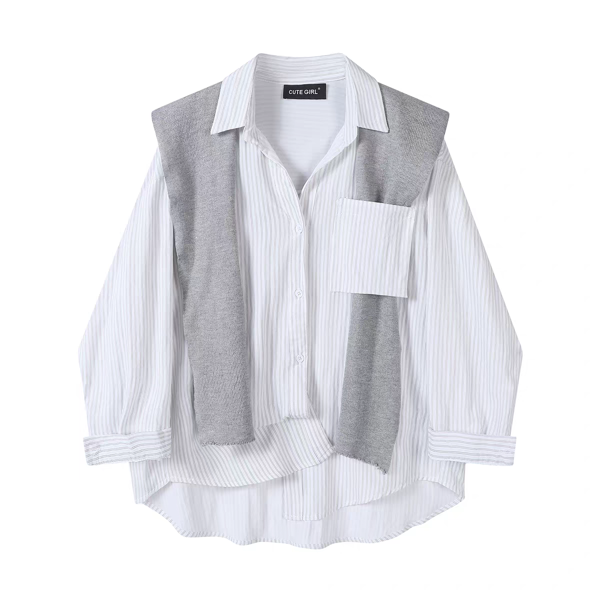 [PRE-ORDER] CuteGirl Striped Shawl Polo Collar Shirt – Women’s Early Autumn Casual Wear