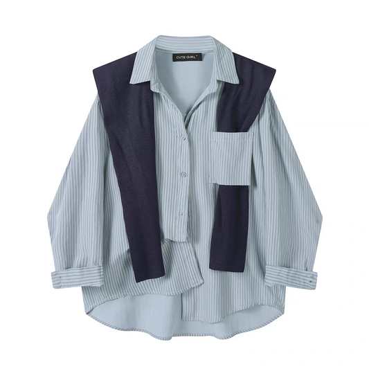 [PRE-ORDER] CuteGirl Striped Shawl Polo Collar Shirt – Women’s Early Autumn Casual Wear
