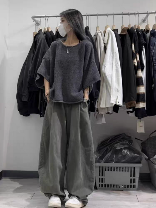 [PRE-ORDER] Korean Style High-End Relaxation Gray Knitted T-Shirt & Wide-Leg Pants Casual Suit Women Summer