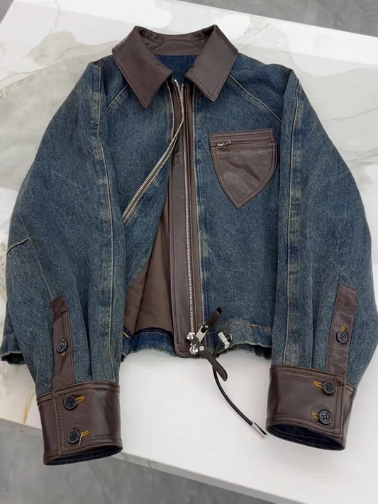 [PRE-ORDER] High-End Retro Blue Leather Denim Jacket (Autumn/Winter 2025)