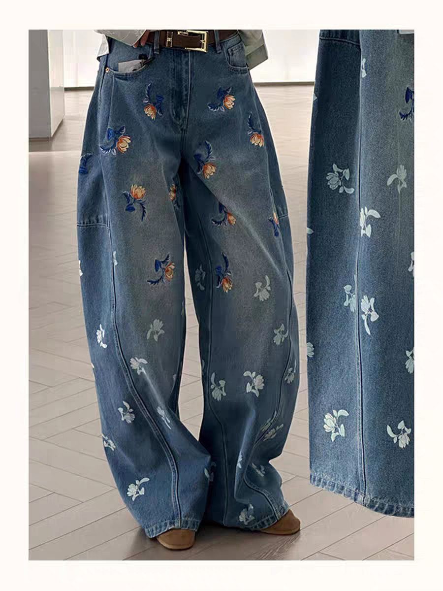 [PRE-ORDER] 2025 New Pear-Shaped Body Loose BF Lazy Style Blue Printed Wide-Leg Pants